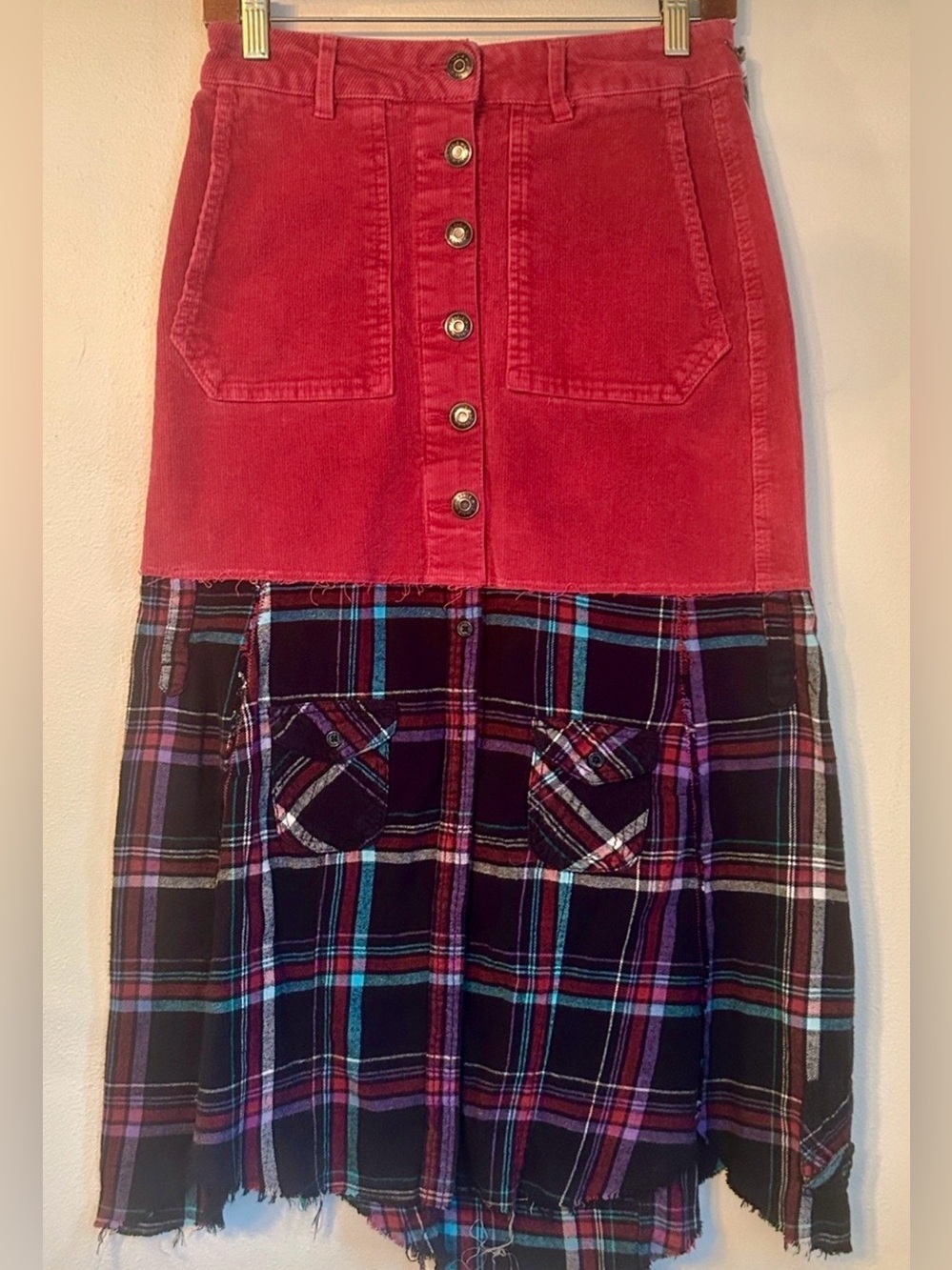 Upcycled pink corduroy and button down flannel shirt skirt